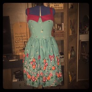 LINDY BOP RARE SASKIA TEAL AND PURPLE FOLK FLOWER DRESS